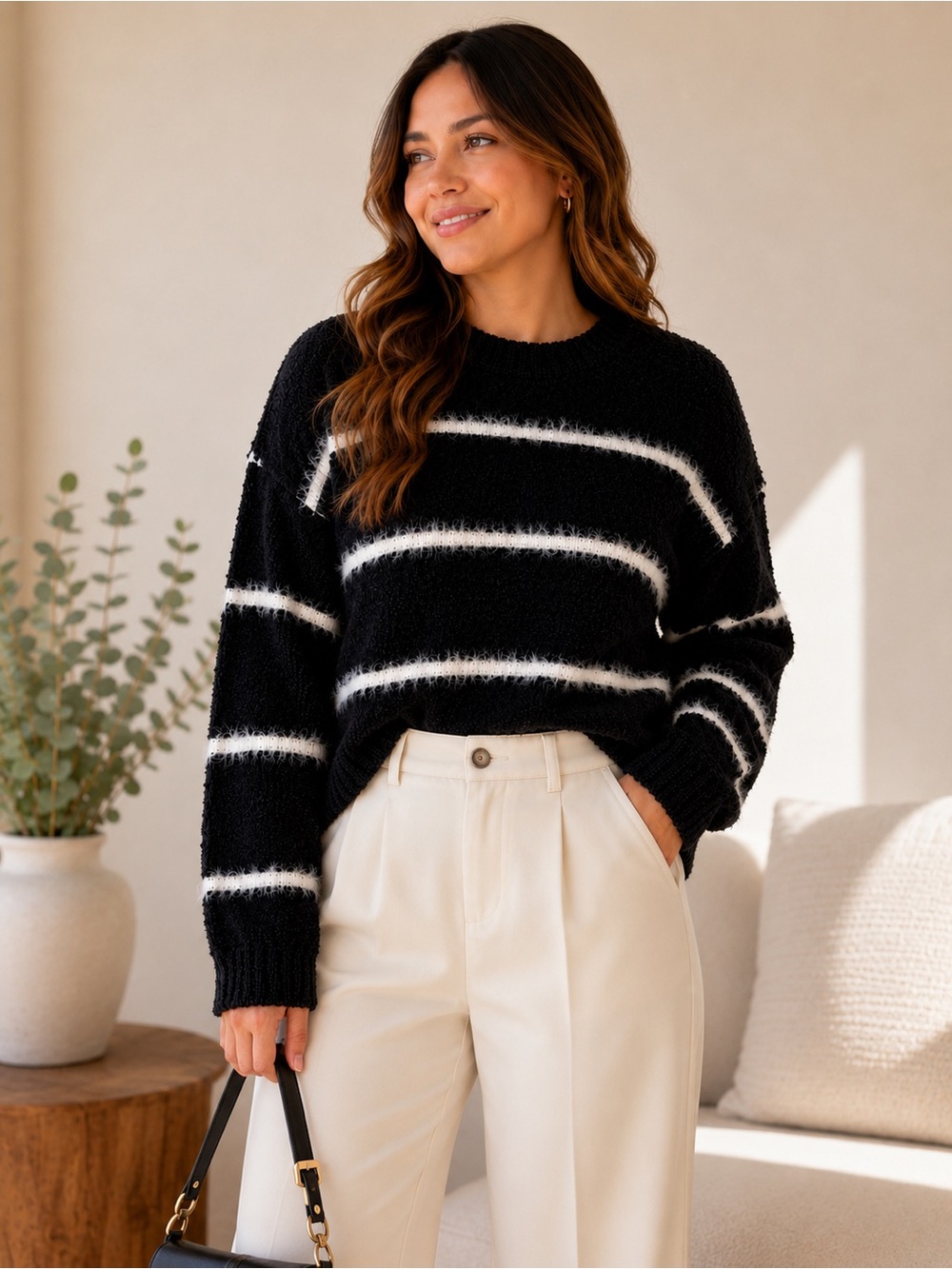 Workshop Republic Clothing Black & White Fuzzy Stripe Crewneck Sweater